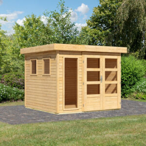 Abri de jardin toit plat 5,95m² en bois brut 19mm - Lahar 3,5 - Karibu