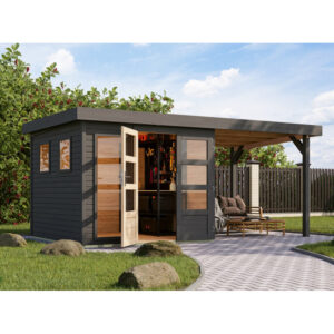 Abri de jardin toit plat 5,95m² en bois gris 19mm avec appentis 240cm - Lahar 3,5 - Karibu
