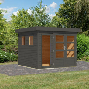Abri de jardin toit plat 5,95m² en bois gris 19mm - Lahar 3,5 - Karibu
