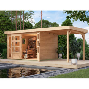 Abri de jardin toit plat 7,43m² en bois brut 19mm avec appentis 240cm - Lahar 5 - Karibu