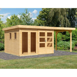 Abri de jardin toit plat 9,24m² en bois brut 19mm avec appentis 240cm - Lahar 6 - Karibu