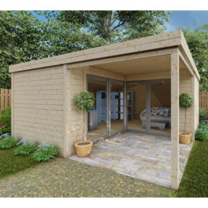 Bureau de jardin en bois massif avec terrasse 18,6m² - madriers 40mm Gardy Shelter